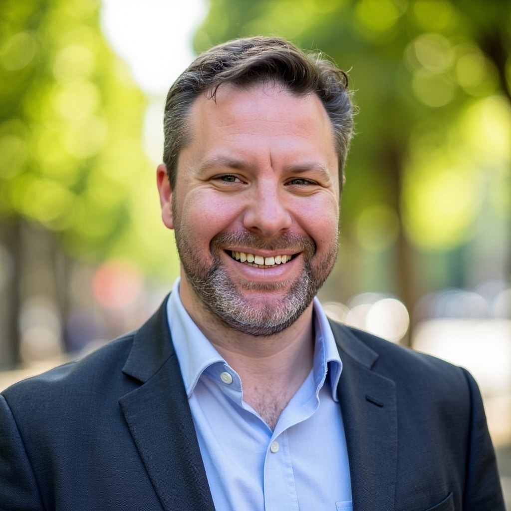 Dr Fine, wearing a suit, smiling towards camera on a sunny outdoor day in front of a background of trees.